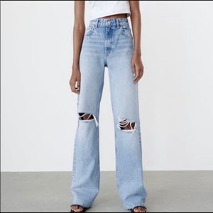 ZARA WIDE LEG FULL LENGTH RIPPED JEANS